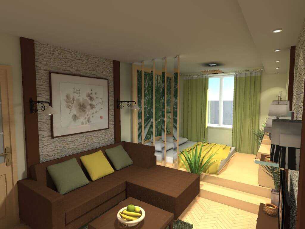 světlý design ložnice a obývacího pokoje v jedné místnosti