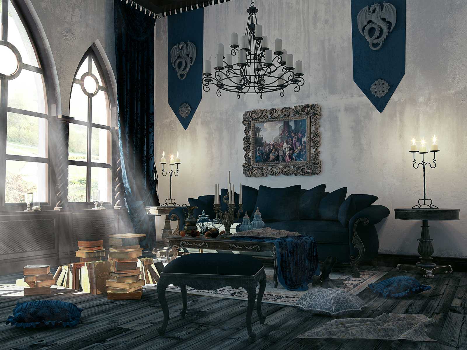 šviesaus stiliaus kambarys gotikos stiliumi