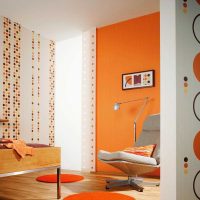 ryškiai oranžinės spalvos derinys virtuvės stiliaus su kitomis spalvomis paveikslėlyje