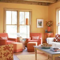 комбинация от светло оранжево в дизайна на апартамента с други цветове картина
