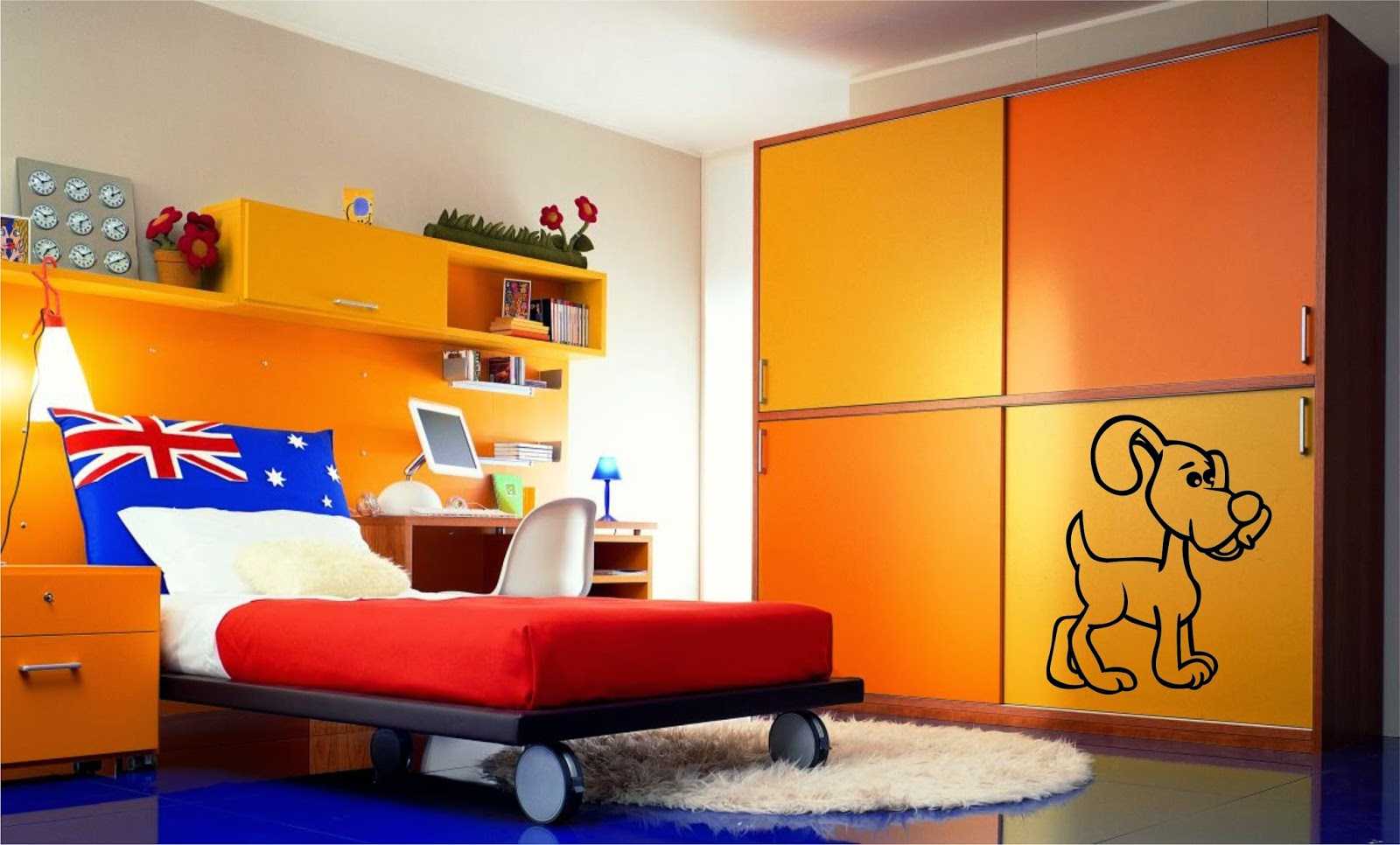spilgti oranžas krāsas kombinācija dzīvokļa stilā ar citām krāsām