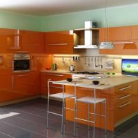 šviesiai oranžinės spalvos derinys virtuvės interjere su kitų spalvų nuotrauka