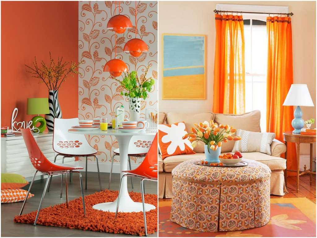een combinatie van fel oranje in huisdecor met andere kleuren