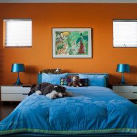 een combinatie van lichtoranje in het slaapkamerdecor met andere kleuren van de foto