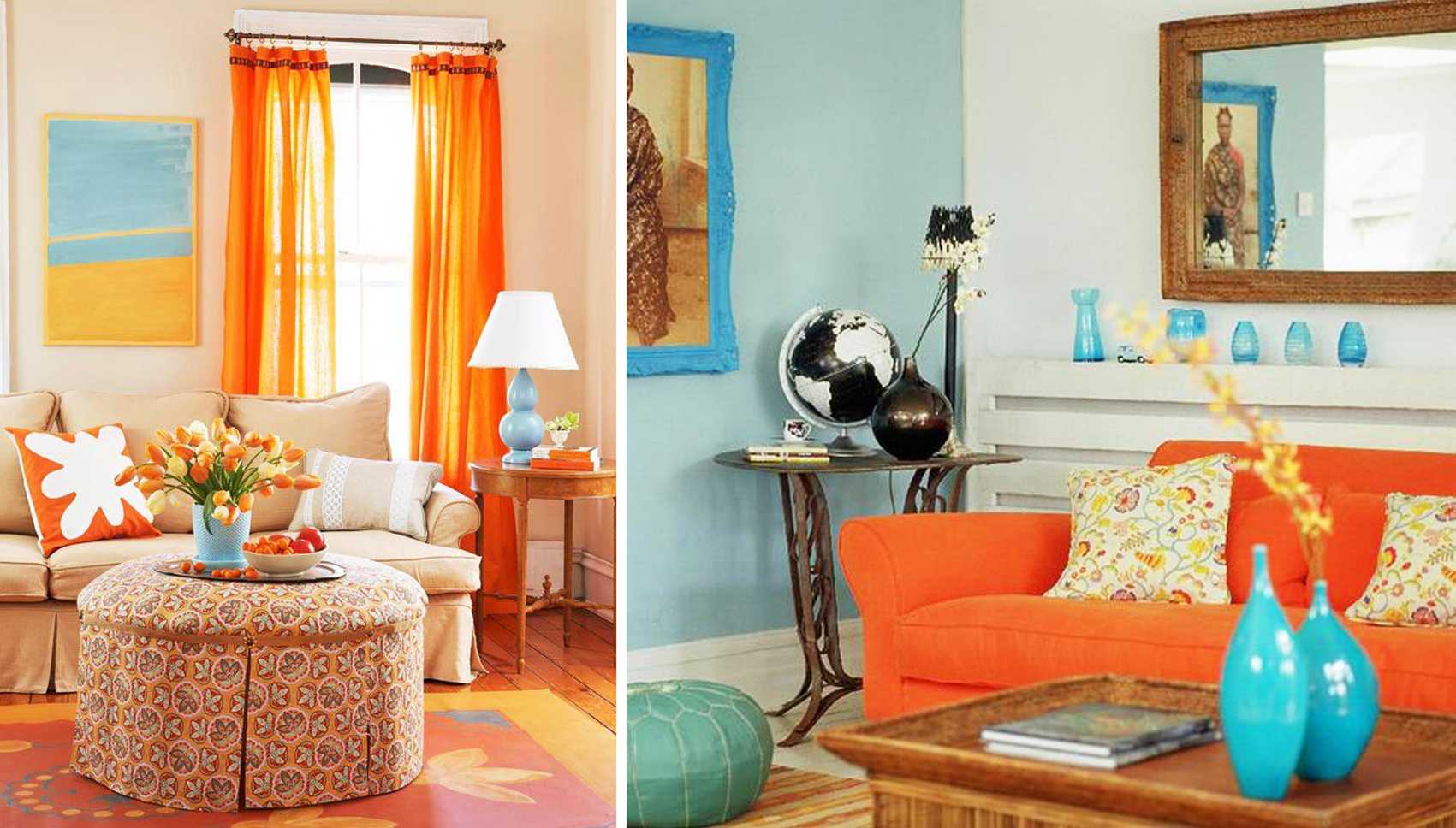 kombinace jasně oranžové ve stylu bytu s jinými barvami