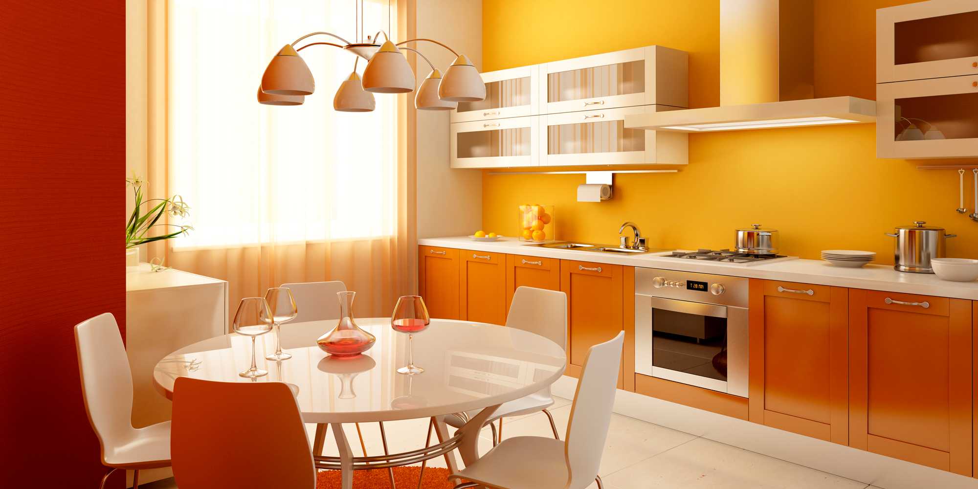o combinație de portocaliu strălucitor în stilul dormitorului cu alte culori