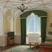 ryškus kambario interjeras gotikos stiliaus nuotraukoje