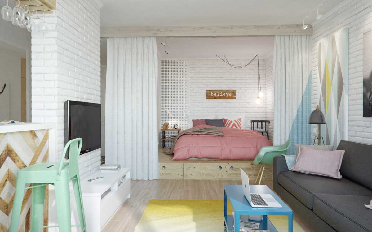 a hálószoba és a nappali világos szobája egy szobában