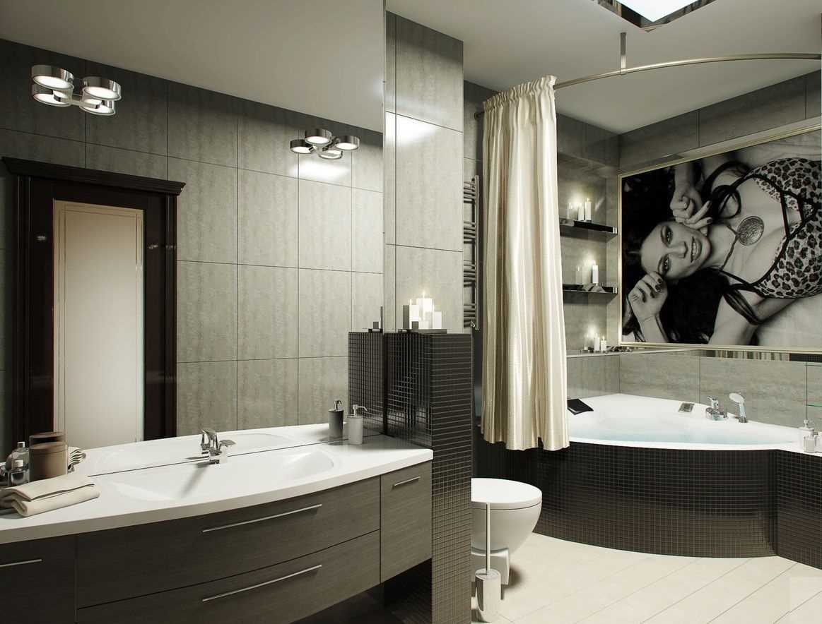 ideja par skaistu vannas istabas interjeru ar stūra vannu