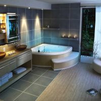 versie van het ongewone ontwerp van de badkamer met een afbeelding van een hoekbad