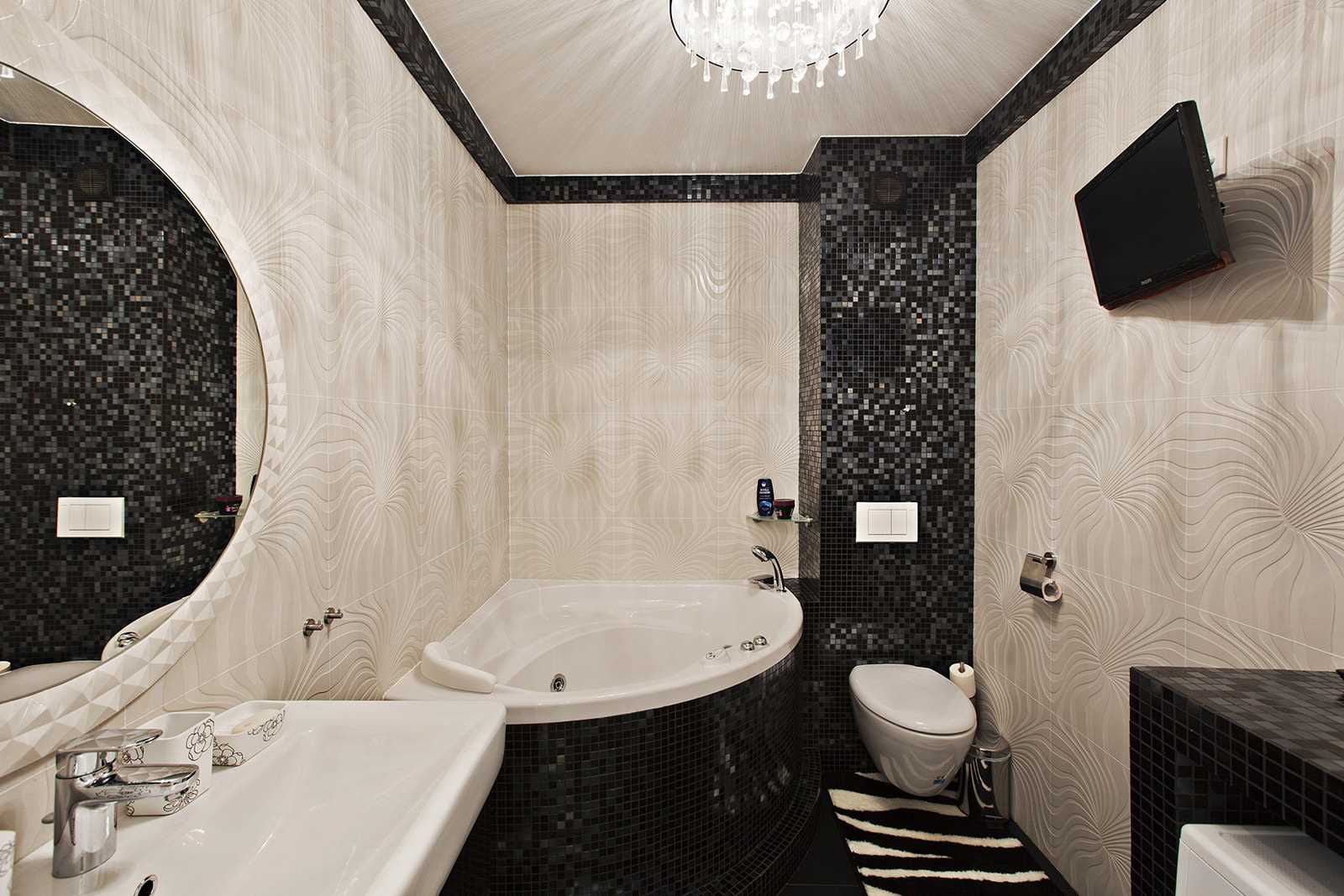 idee van een modern badkamerinterieur met hoekbad