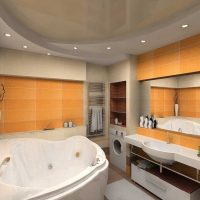 ideja par gaišu vannas istabas interjeru ar stūra vannas fotoattēlu