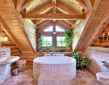 ideja par moderna vannas istabas stilu koka mājas attēlā