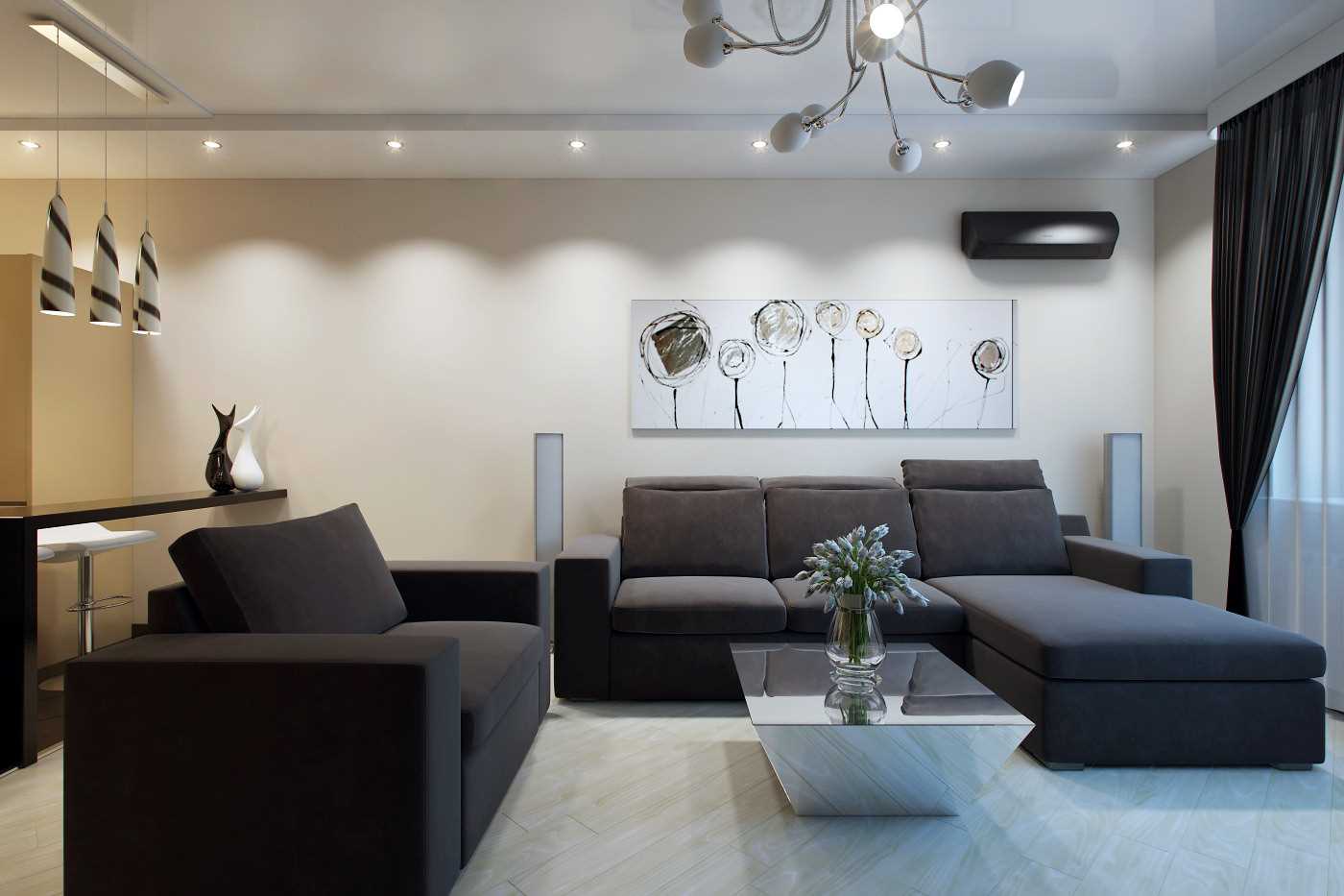versie van het lichte decor van een modern appartement van 70 m²