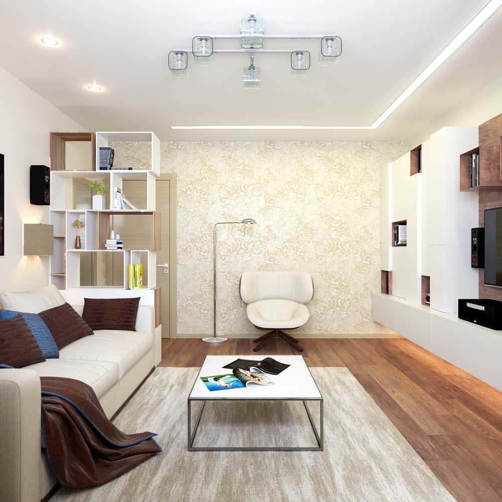 světlý design obývacího pokoje 16 m2