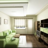 Dzīvojamās istabas spilgta dizaina piemērs 16 kvadrātmetru attēlā