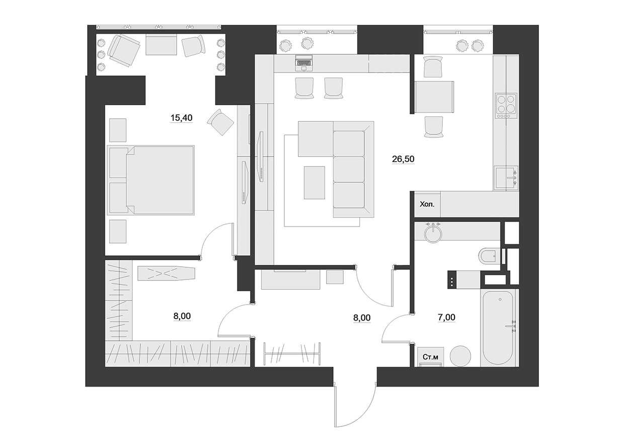 versie van het prachtige decor van een modern appartement van 65 m²