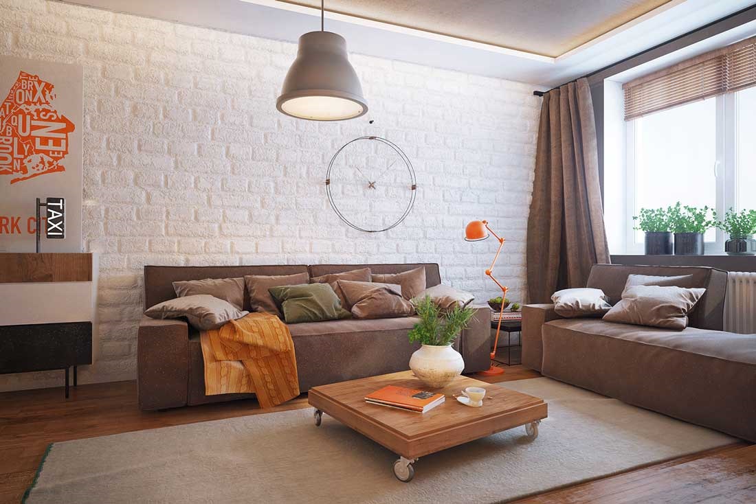 Šviesus 16 kv.m gyvenamojo kambario dizaino pavyzdys