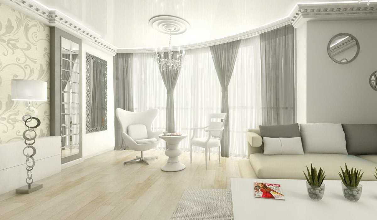 šviesaus gyvenamojo kambario dizaino su įlankos langu variantas