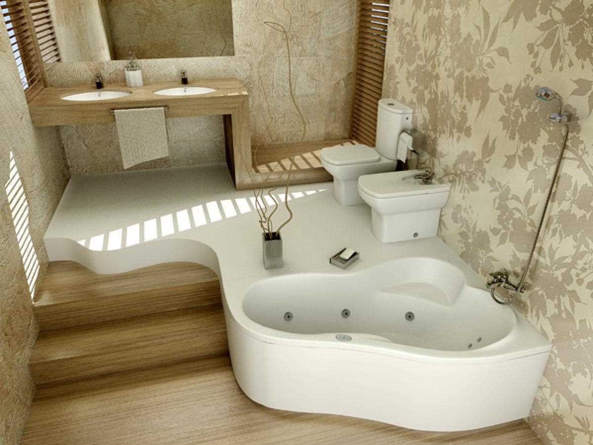 versie van het ongewone ontwerp van de badkamer met een hoekbad