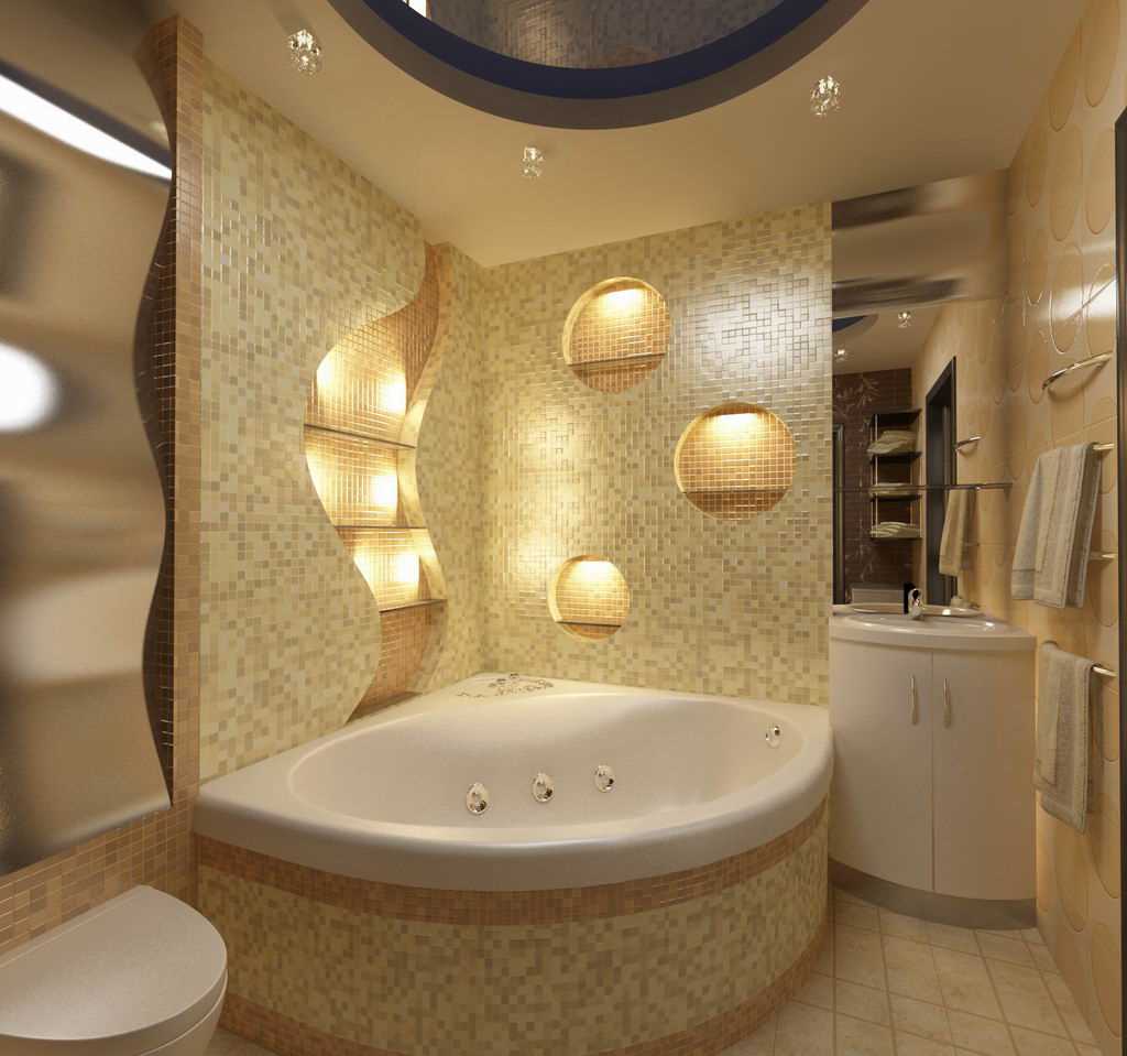 skaista vannas istabas interjera ar stūra vannu variants
