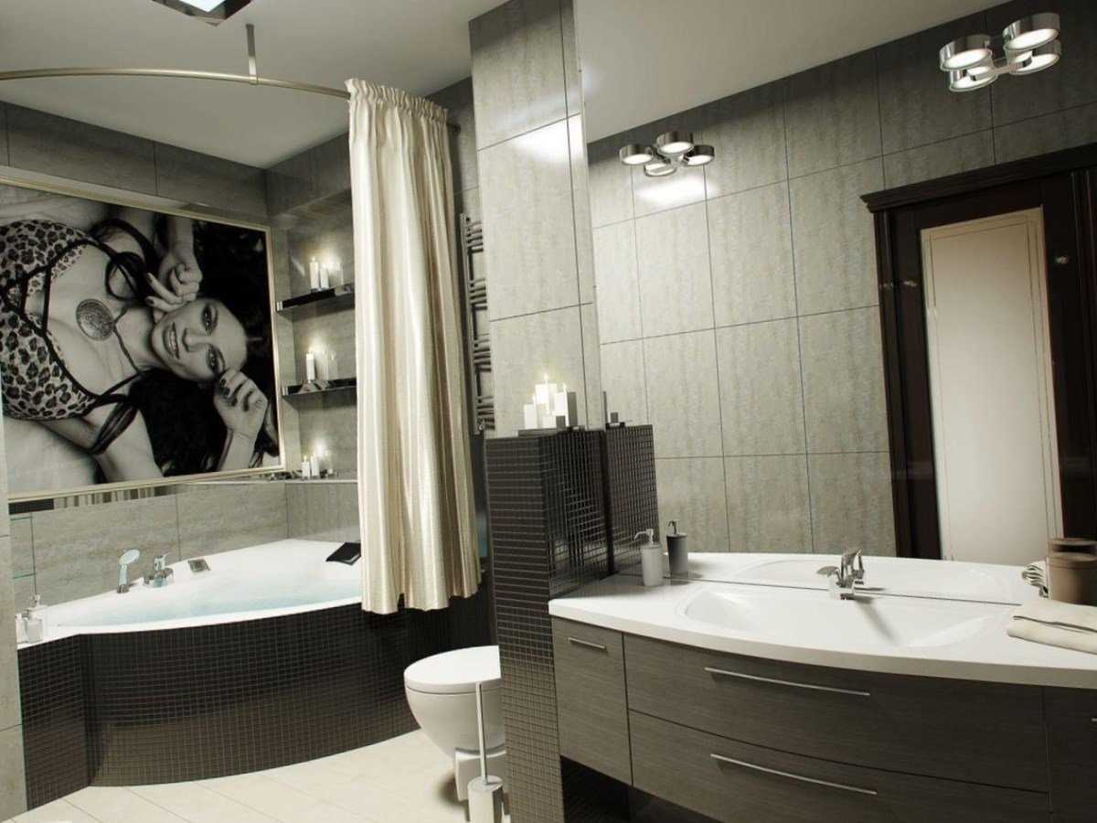 ideja par skaista stila vannas istabu ar stūra vannu