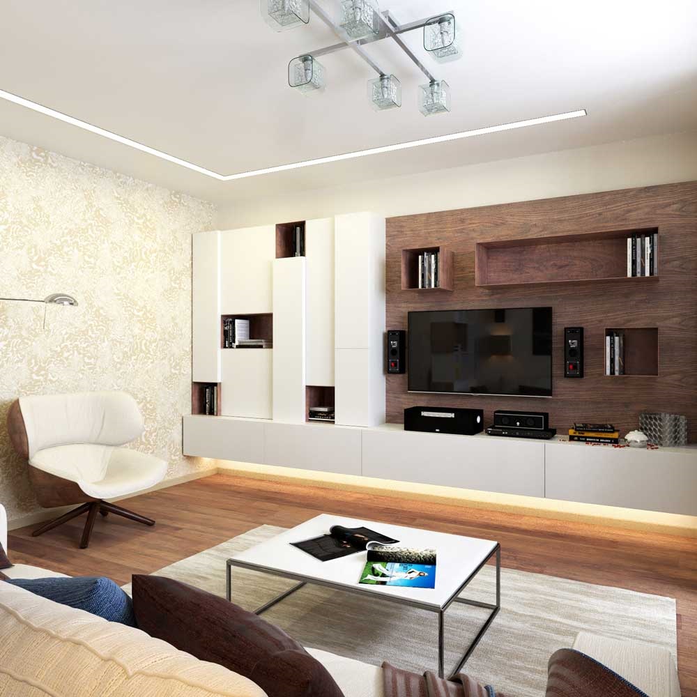 Een voorbeeld van een helder ontwerp van een woonkamer 16 m²