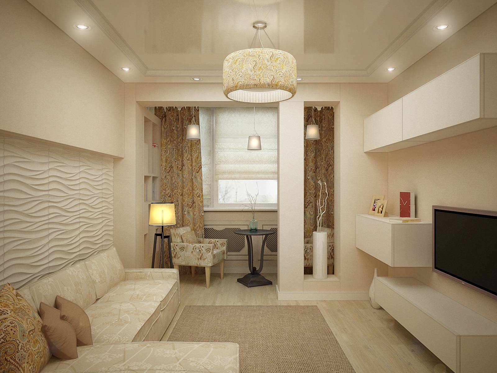 varianta světlého interiéru obývacího pokoje 16 m2