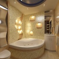 šviesaus vonios kambario stiliaus versija su kampine vonia nuotrauka