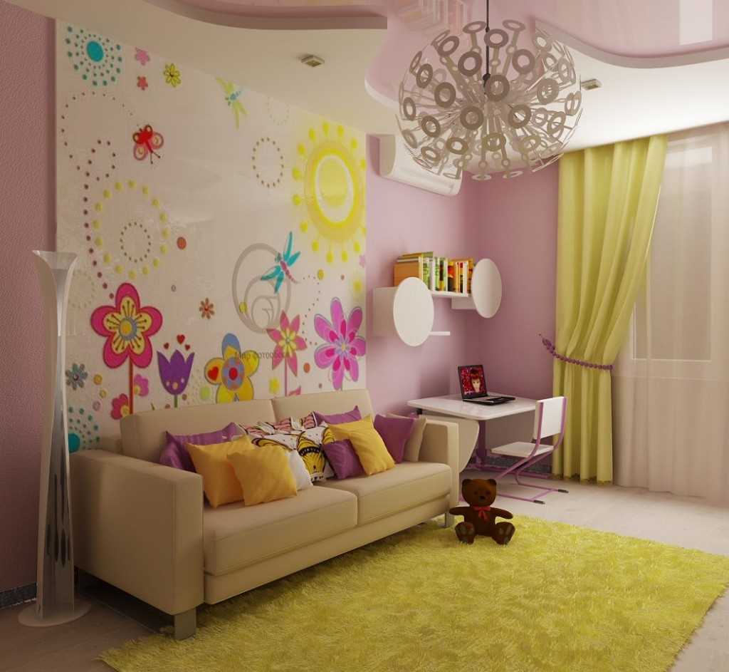 versie van het lichte interieur van een kinderkamer voor een meisje van 12 m²