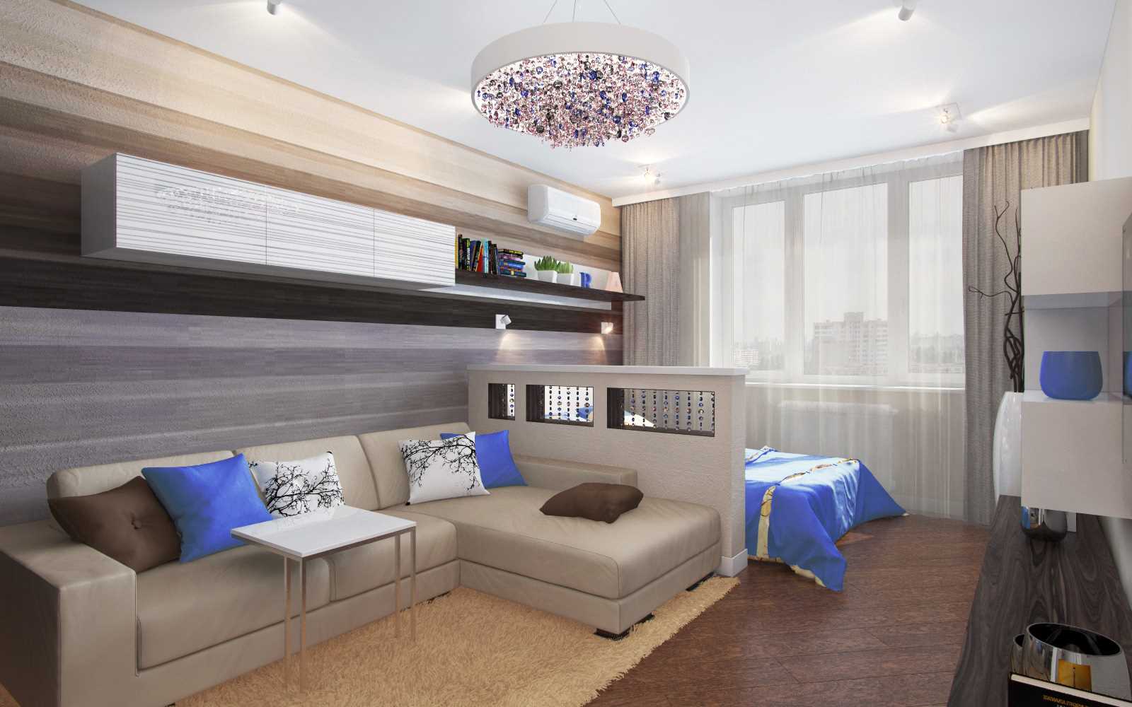 variantas šviesus interjeras miegamasis gyvenamasis kambarys 20 kv.m.
