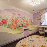 gražaus vaikų kambario, skirto dviem mergaitėms, dizaino versija