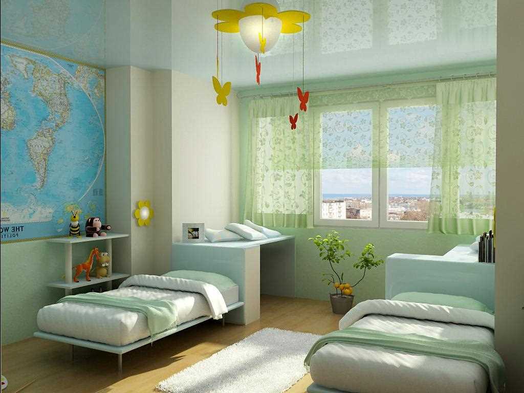 egy gyönyörű dekoráció változata két lány számára kialakított gyermekszobához