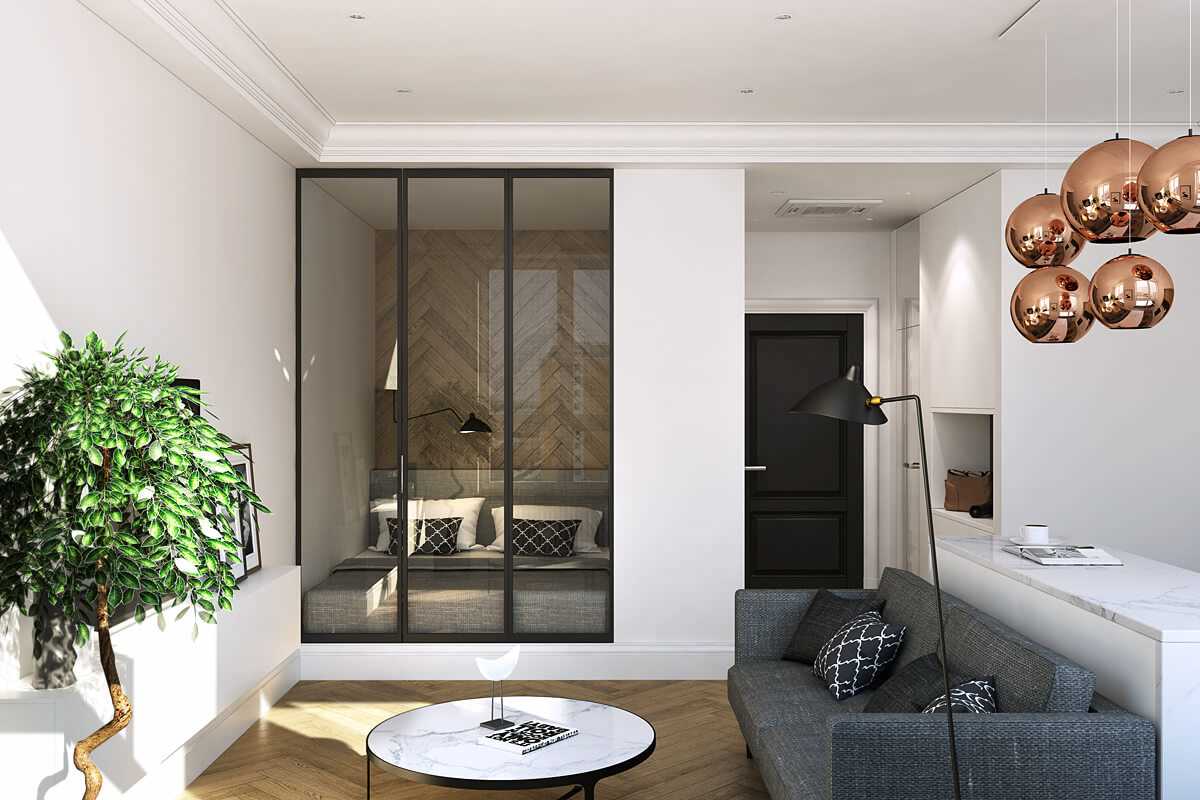 myšlenka obývacího pokoje v jasném stylu 20 m2.