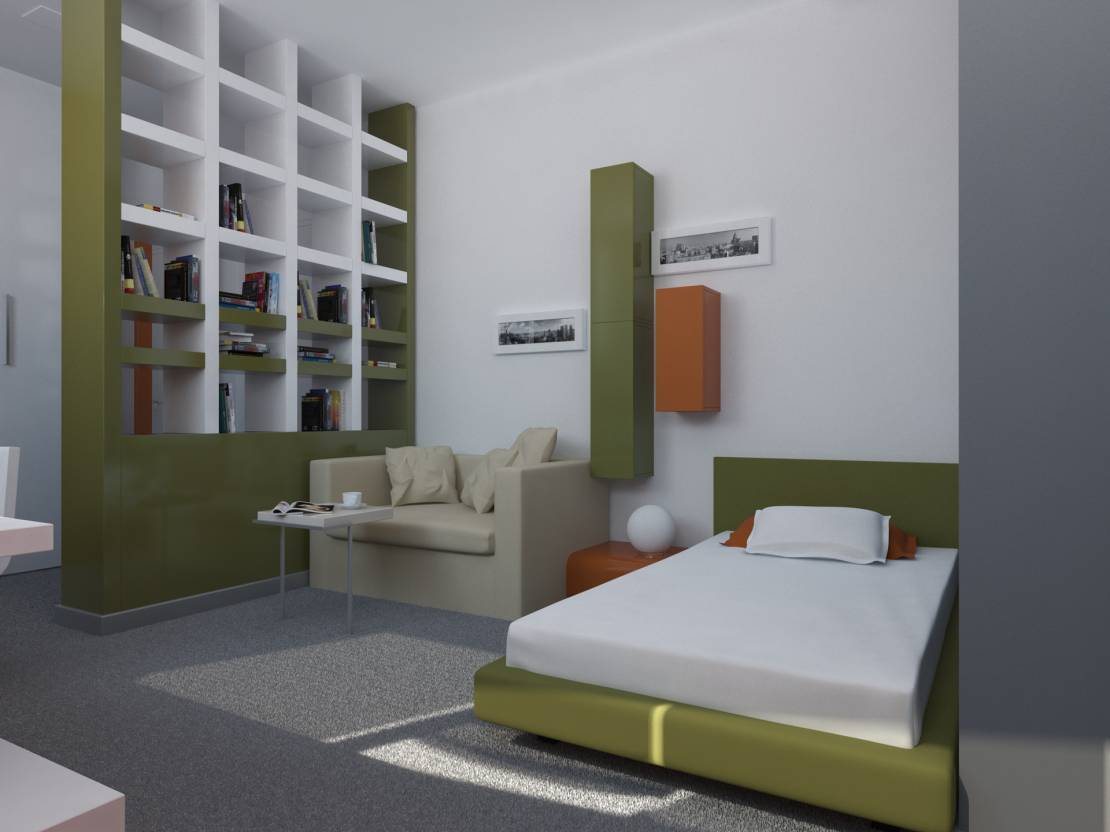 вариант на светлия интериор на малка стая в общежитието
