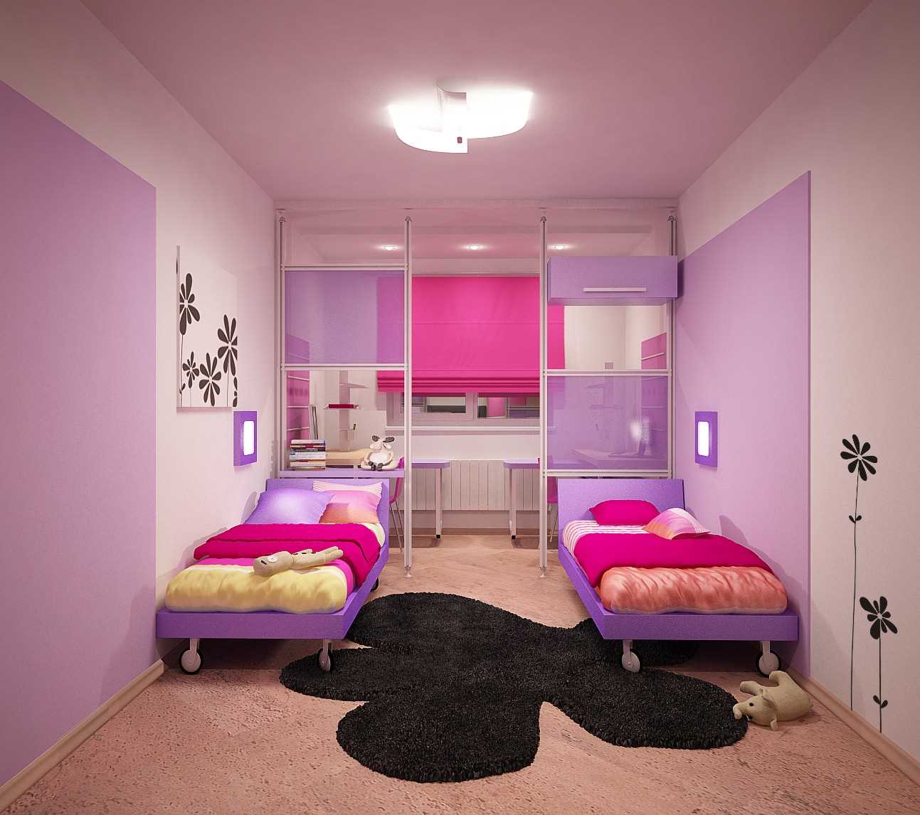 Ryškaus vaikų kambario, skirto dviem mergaitėms, dizaino pavyzdys
