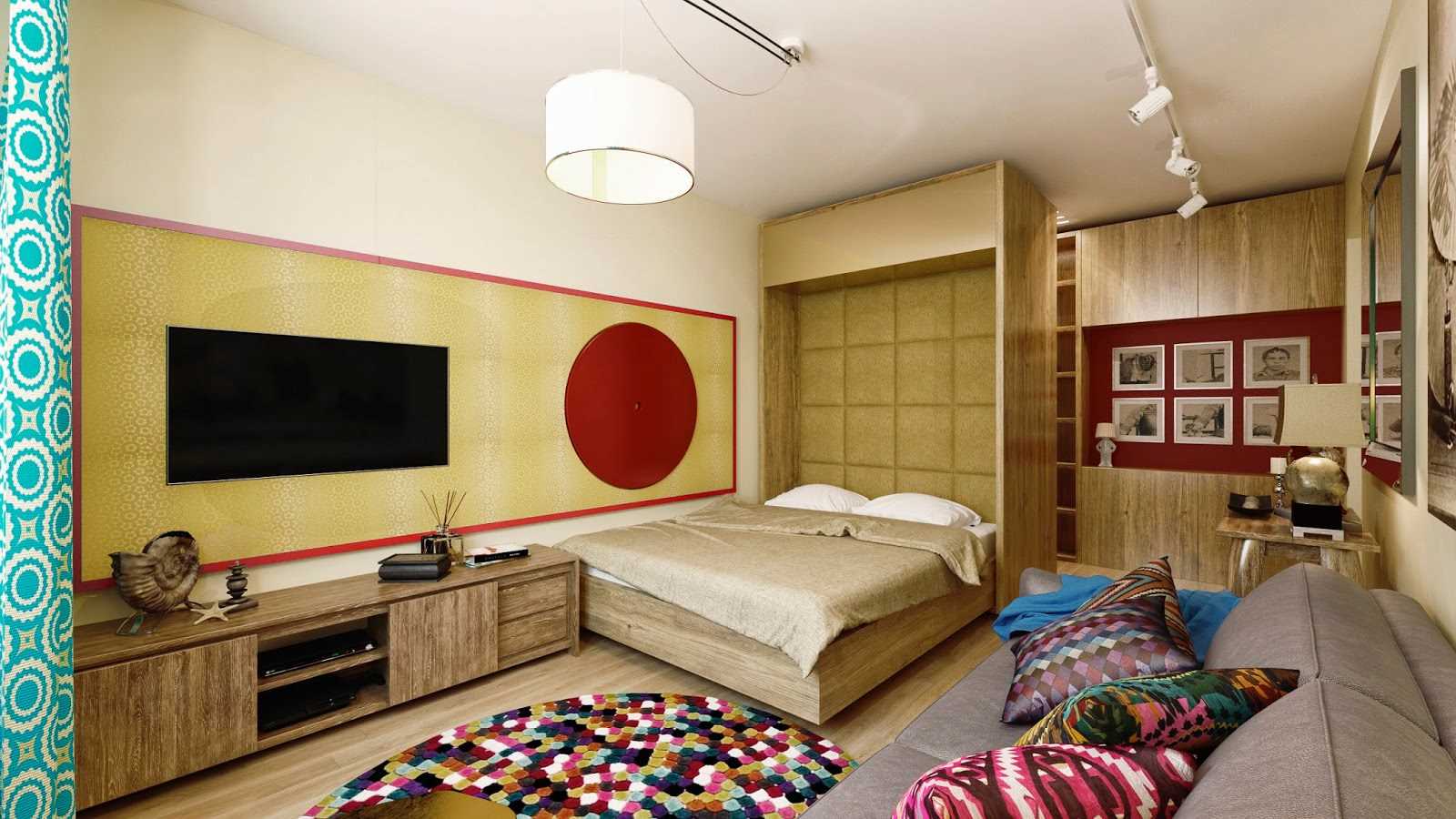 идеята за ярък дизайн на спалня от 18 кв.м.