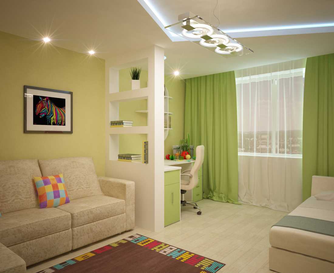 Šviesaus dizaino gyvenamojo kambario miegamojo idėja 20 kv.m.