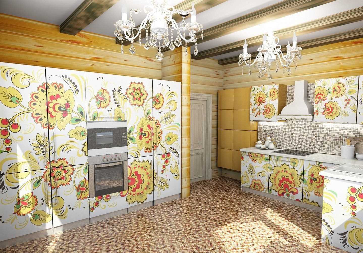 Krievu stila izmantošanas piemērs spilgtā dzīvokļa dekorā