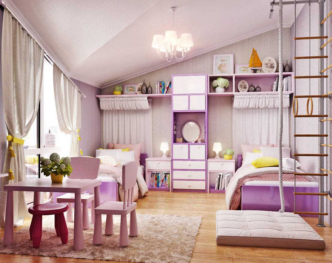 идеята за ярък интериор за детска стая за две момичета