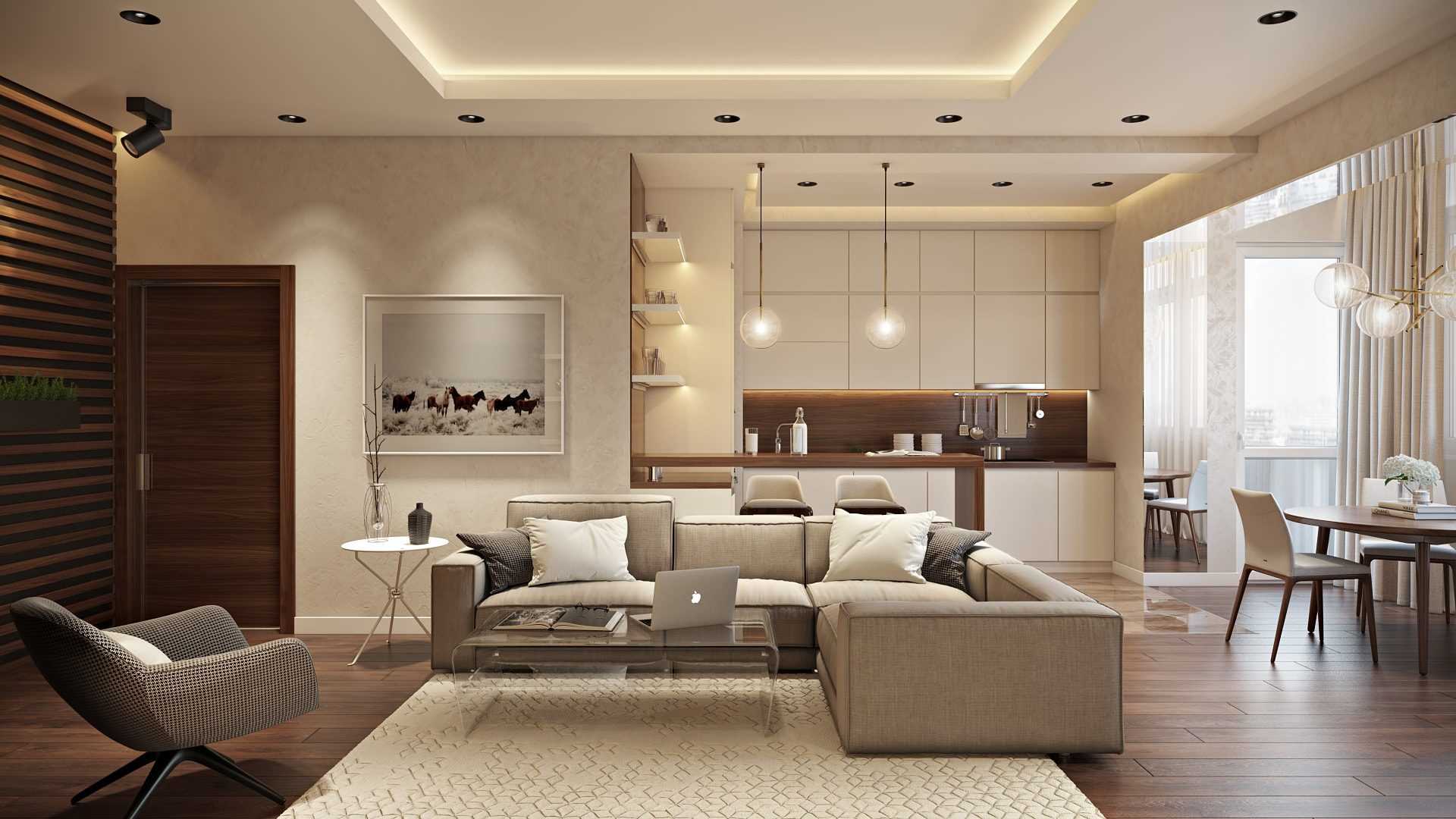 iespēja izmantot gaismas dizainu skaistā dzīvokļa interjerā