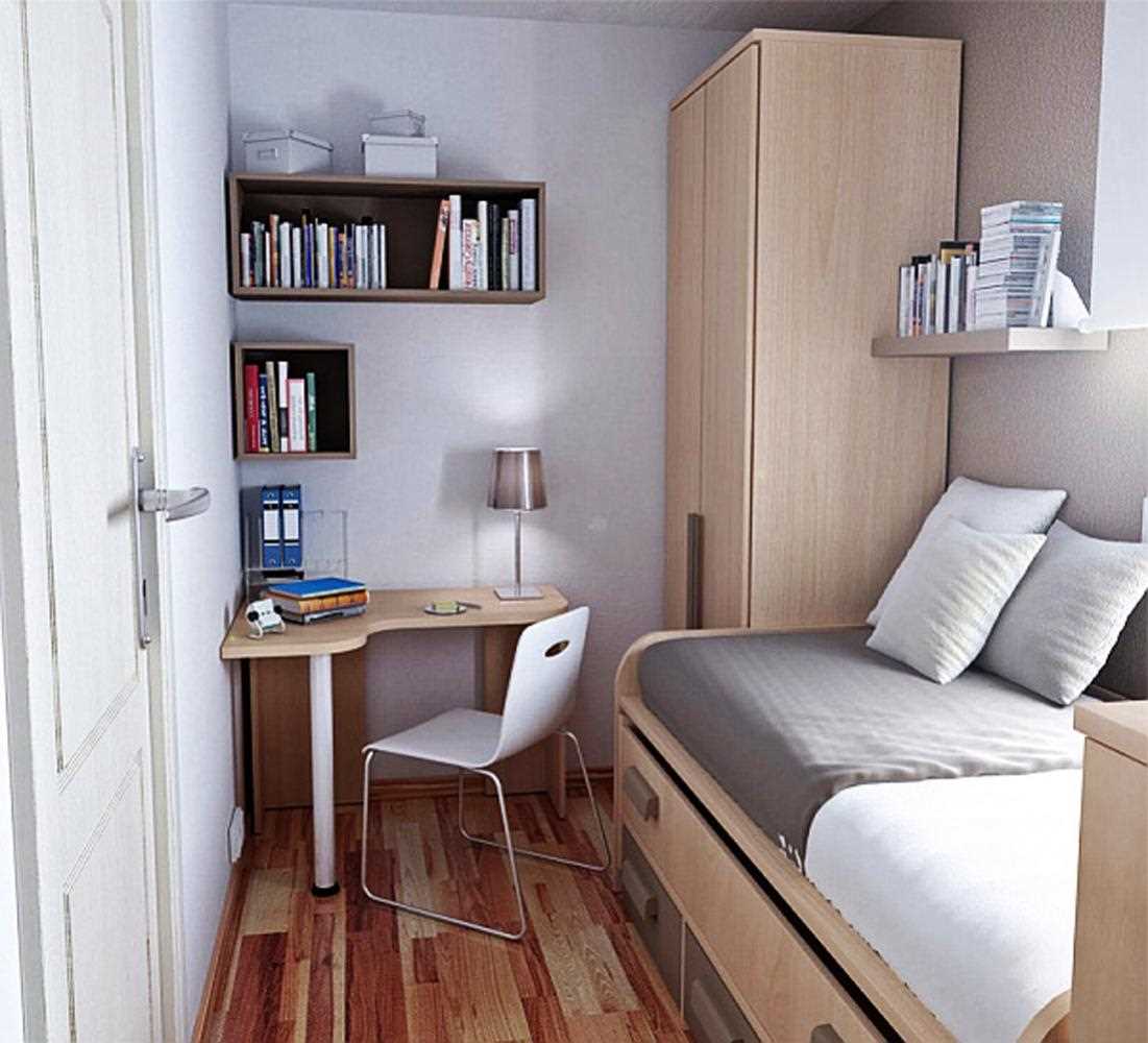 вариант на необичайния интериор на малка стая в общежитието
