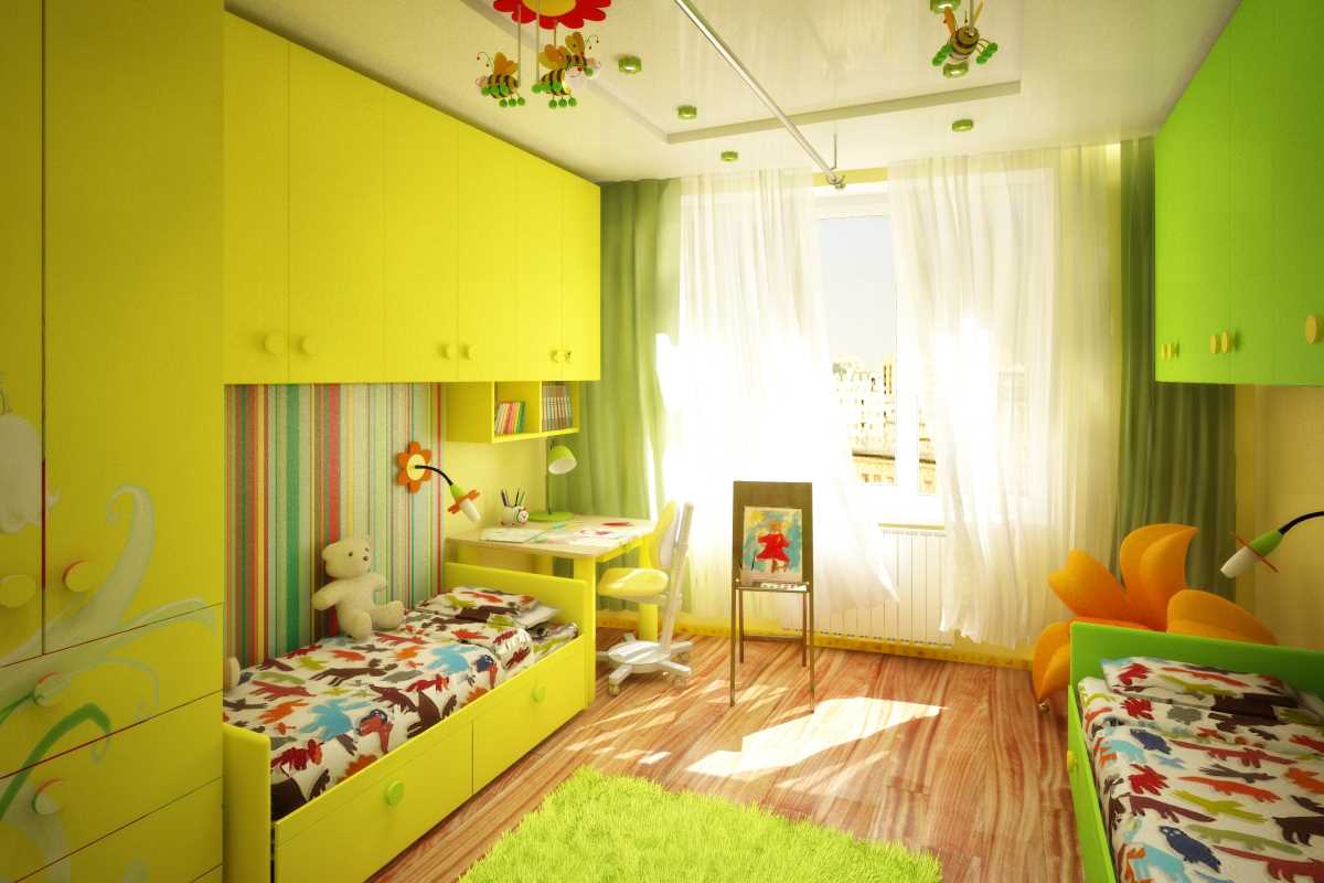 šviesaus stiliaus vaikų kambario idėja dviem mergaitėms