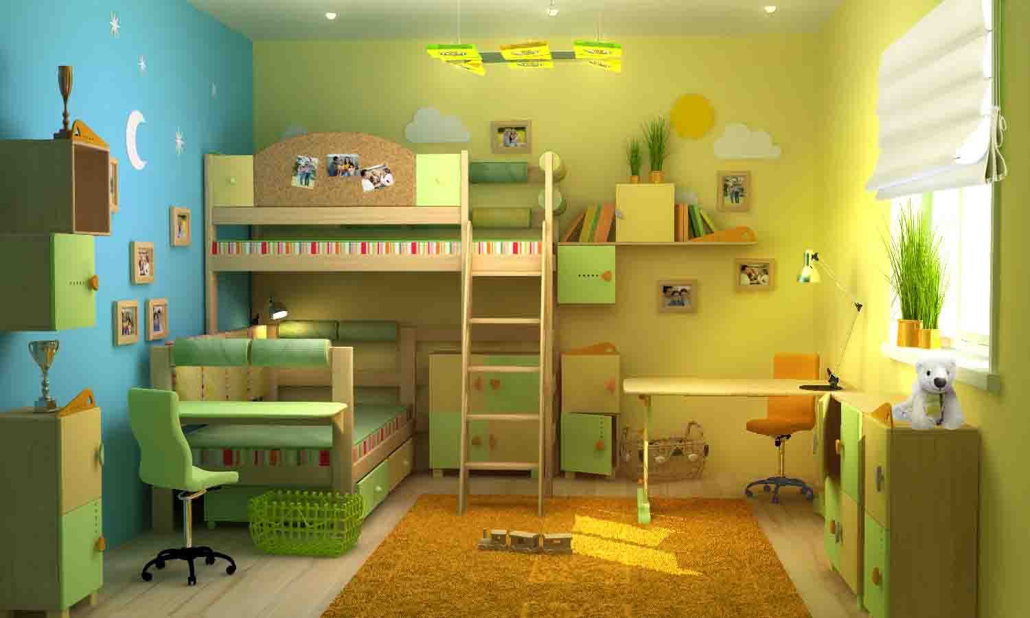 galimybė šviesiam vaikų kambario dizainui dviem mergaitėms