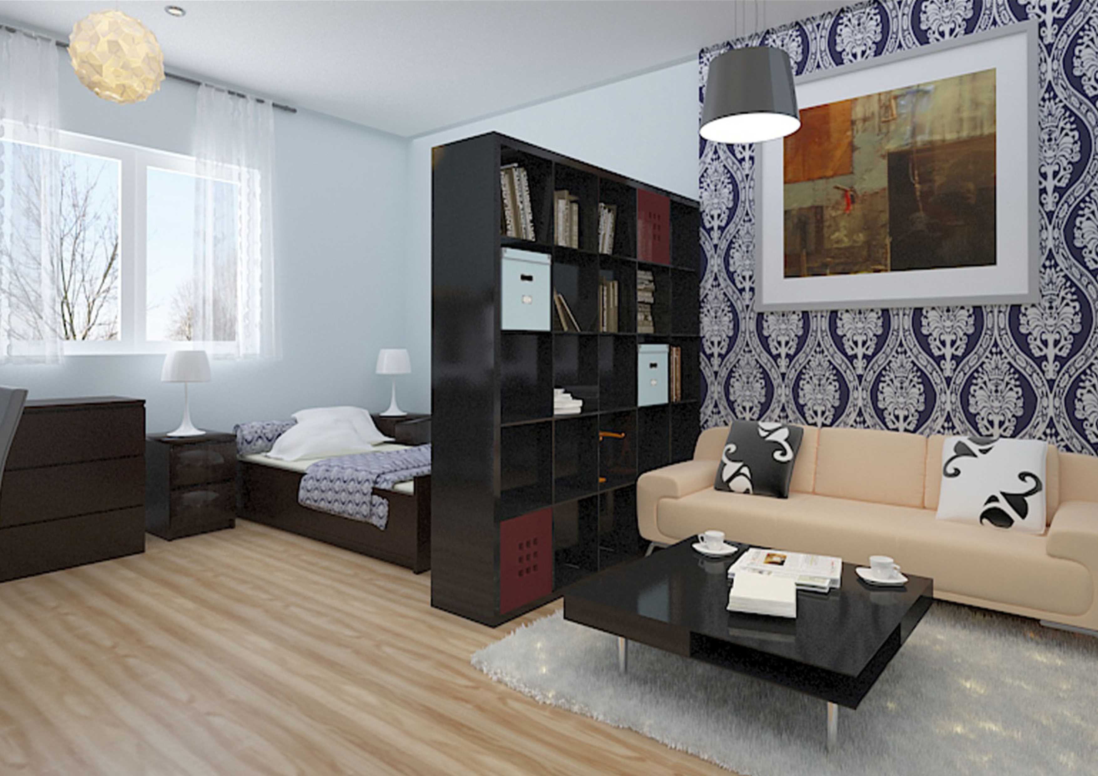 myšlenka obývacího pokoje s ložnicí ve stylu 20 m2