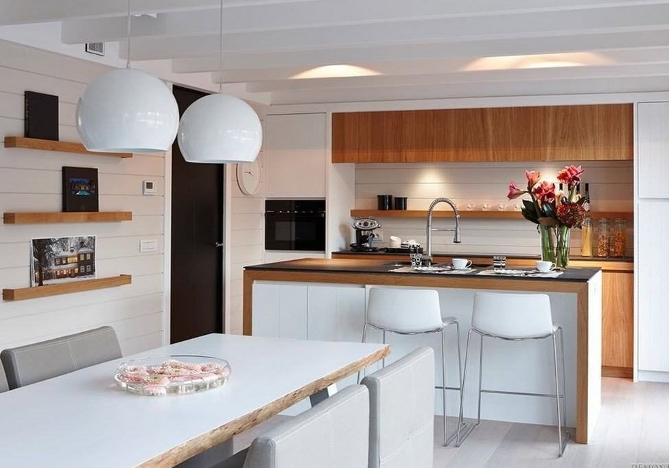 ēdamistaba virtuves dizains balta krāsa un koks