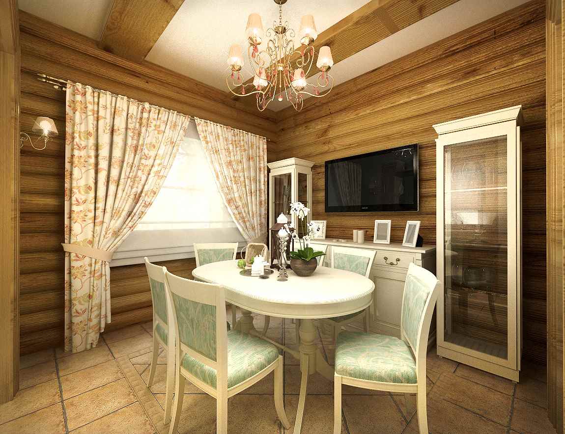 Un exemplu de interior frumos al bucătăriei într-o casă din lemn