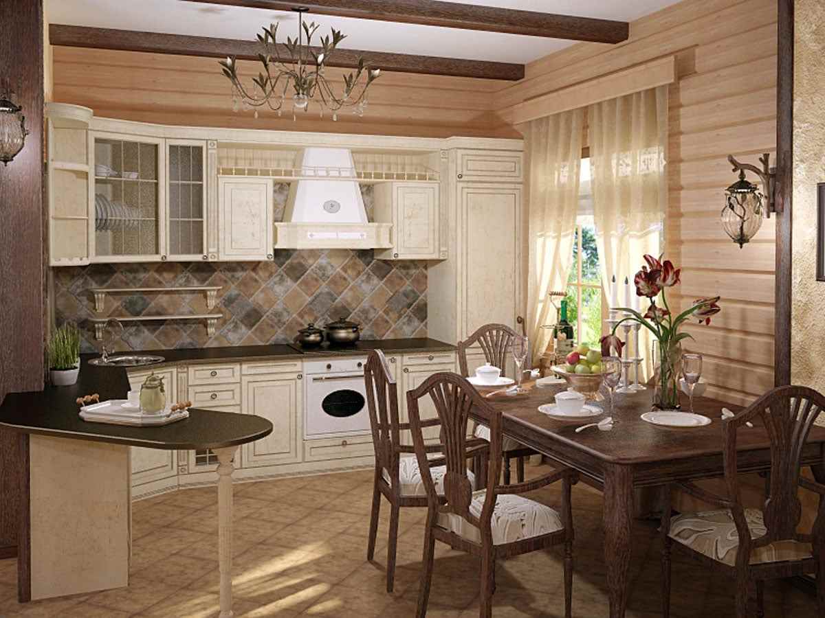 idėja apie šviesų virtuvės interjerą mediniame name