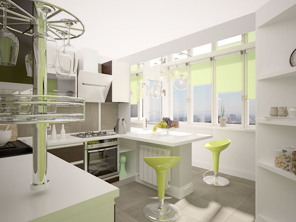 bucătărie combinată cu o fotografie cu balcon