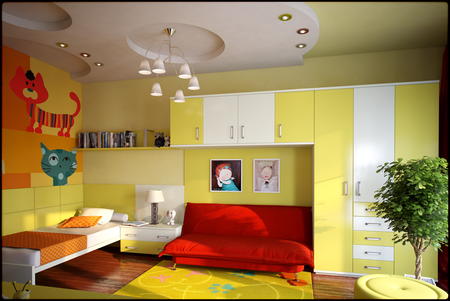 myšlenka použití krásné žluté v interiéru místnosti